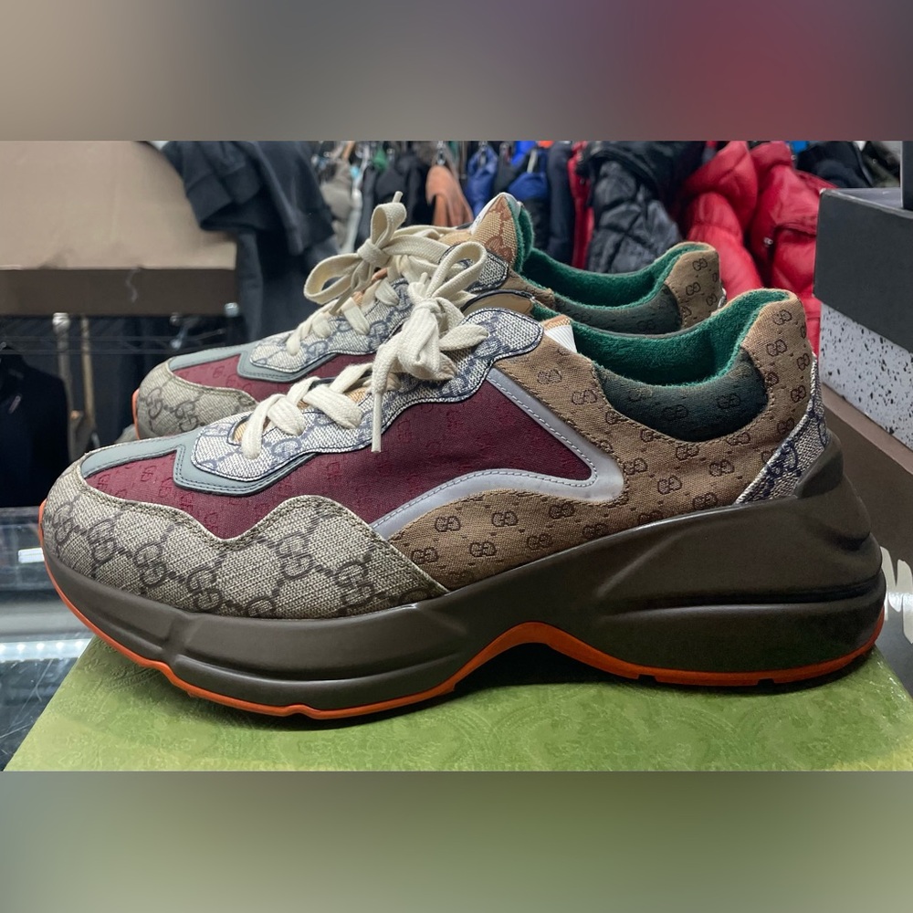 Gucci Brown Monogram Burgundy Green Accent Sneakers